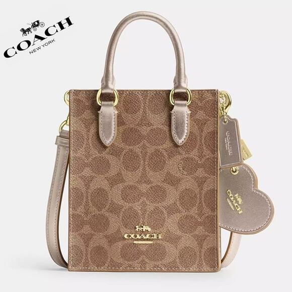 🎁 Coach Boxed Mini Tote Bag And Mirror Bag Charm Set In Signature Canvas - Picture 2 of 7